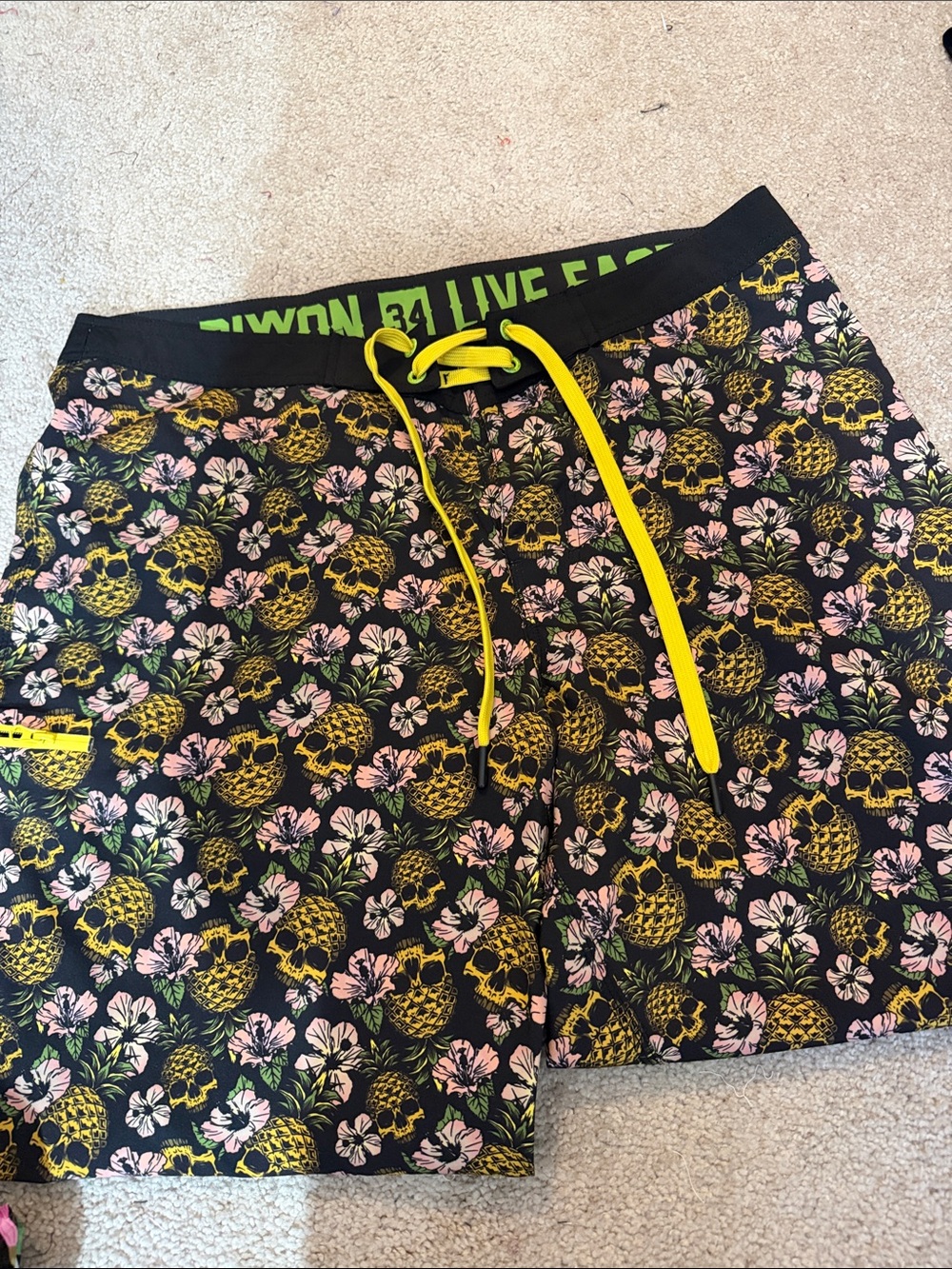 Black Pineapple & Skull Swim Trunks with Yellow Drawstring